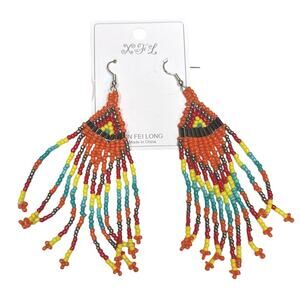 Boho Beaded Fringe Earrings Multicolor Tribal Statement